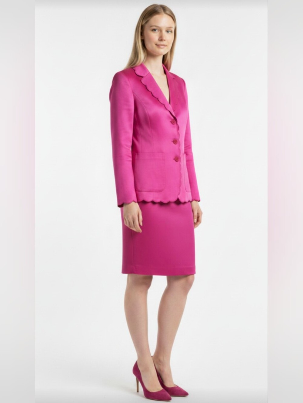 NWT@$200! SUIT STUDIO! FUSCHIA PINK RAW SATIN LOOK 2 PC SKIRT, JACKET SUIT!SZ 14